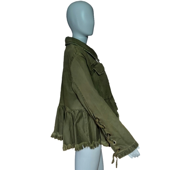 Free People Willow Frayed Hem Peplum Denim Jacket In Moss - Picture 8 of 16